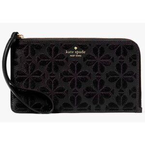 S Kate Spade Flower Embroidered Lucy Black Leather L-zip Wristlet KL857 NWT $159